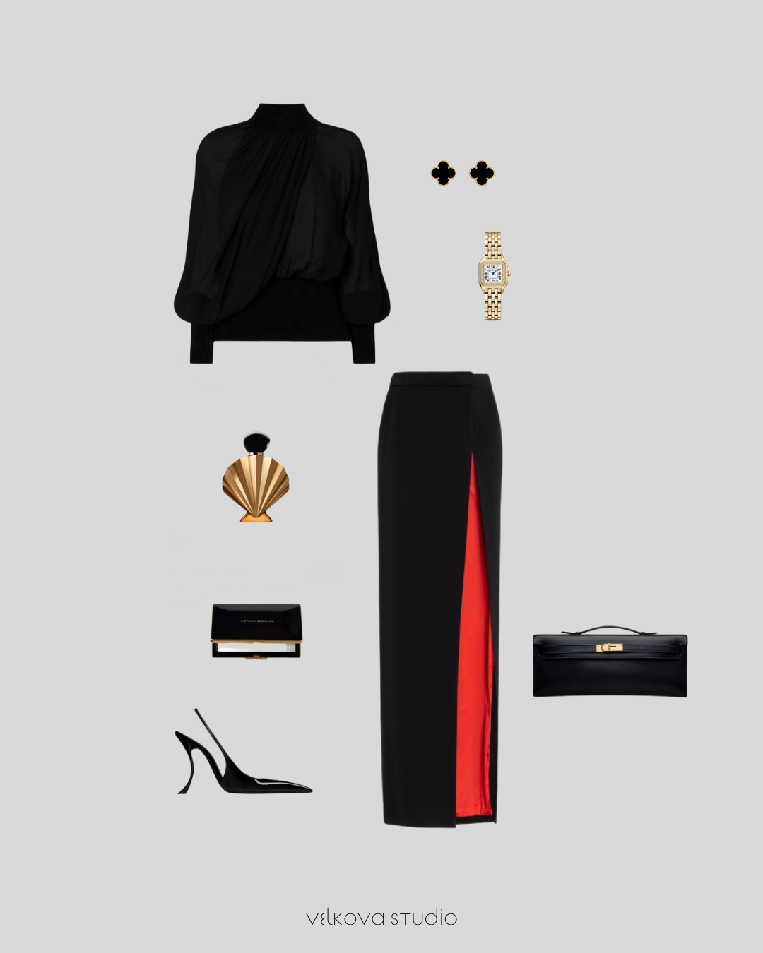 Editorial photograph of an oversized black tailored blazer and wide-leg trousers