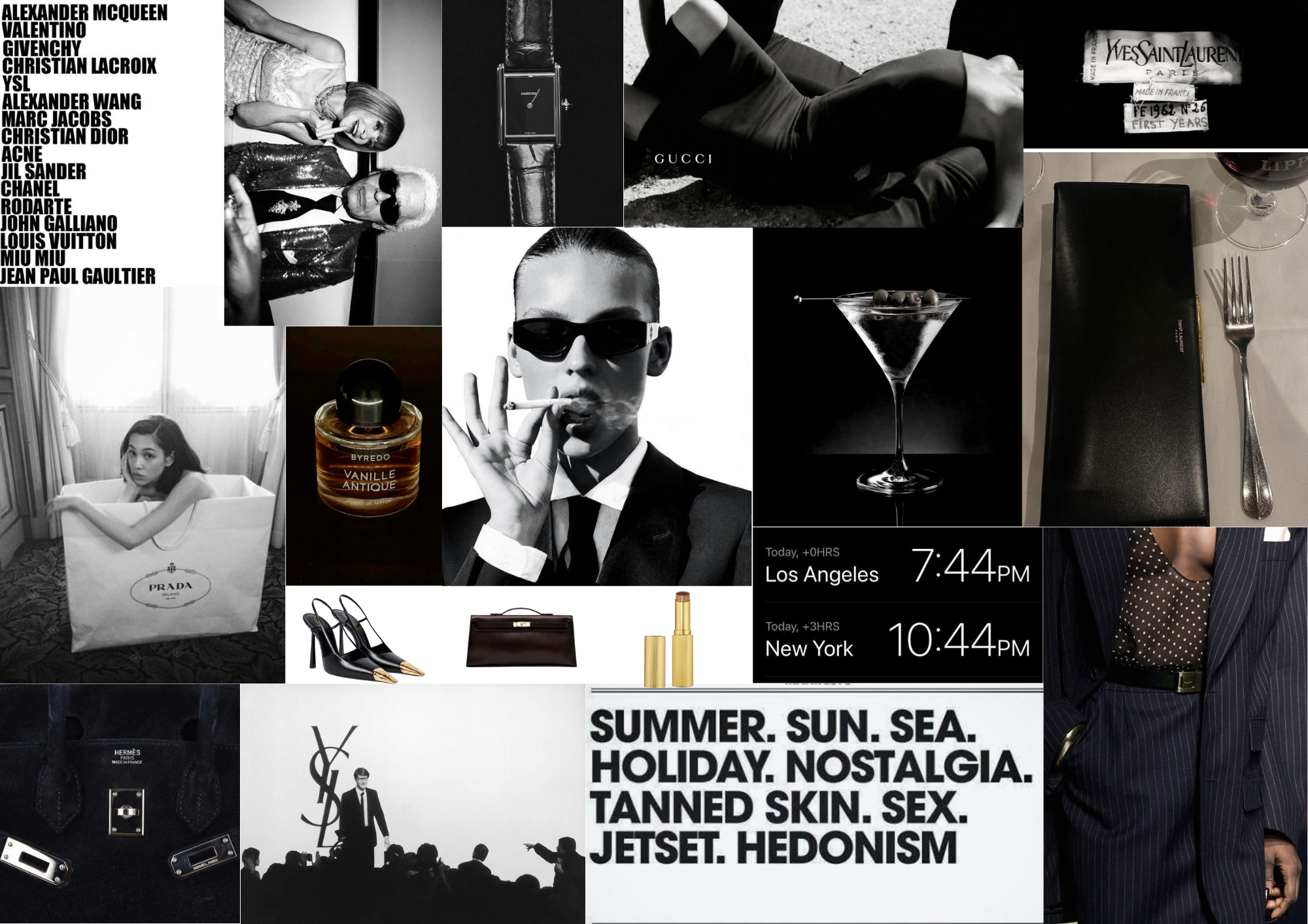 Black and white editorial fashion collage of luxury tailoring